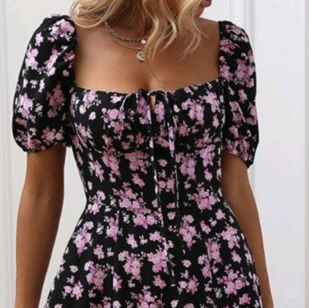 NEW Boho Floral Print Milkmaid Tie Midi Dress Black - Picture 3 of 8